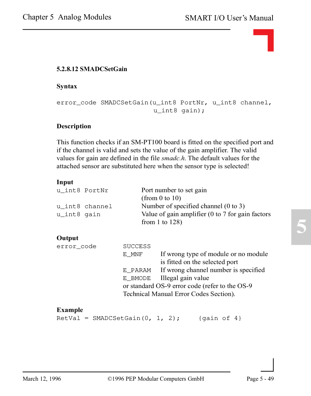 Pepper Computer RS232, RS485 user manual SMADCSetGain Syntax 