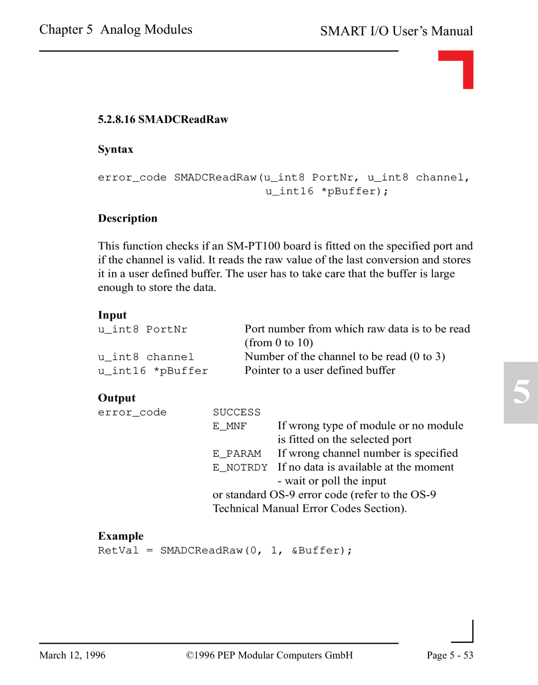 Pepper Computer RS232, RS485 user manual SMADCReadRaw Syntax 