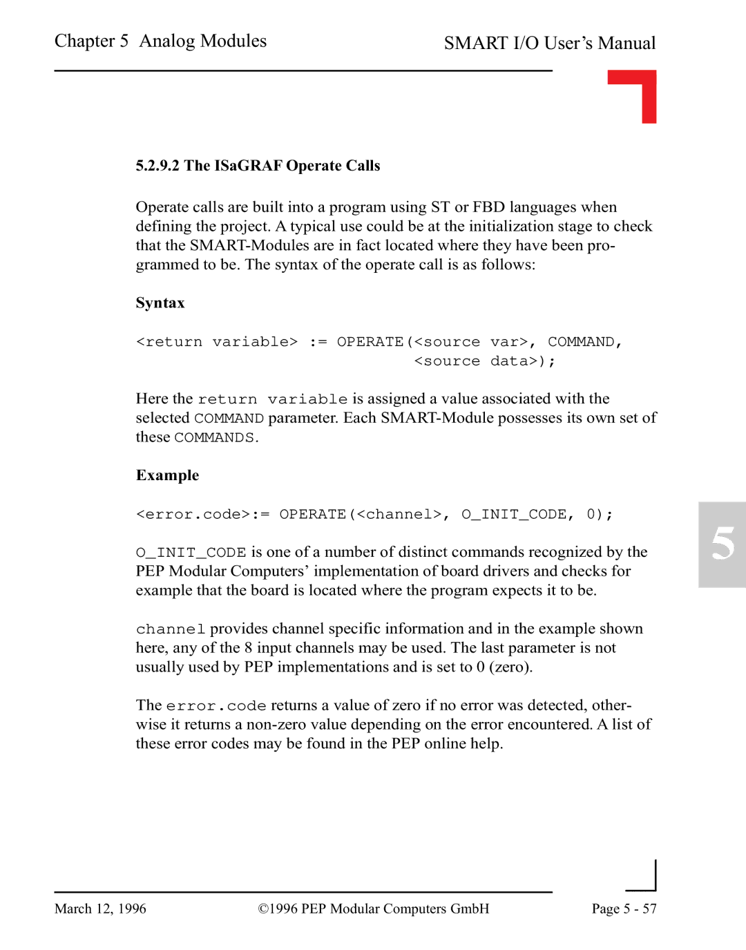 Pepper Computer RS232, RS485 user manual ISaGRAF Operate Calls 