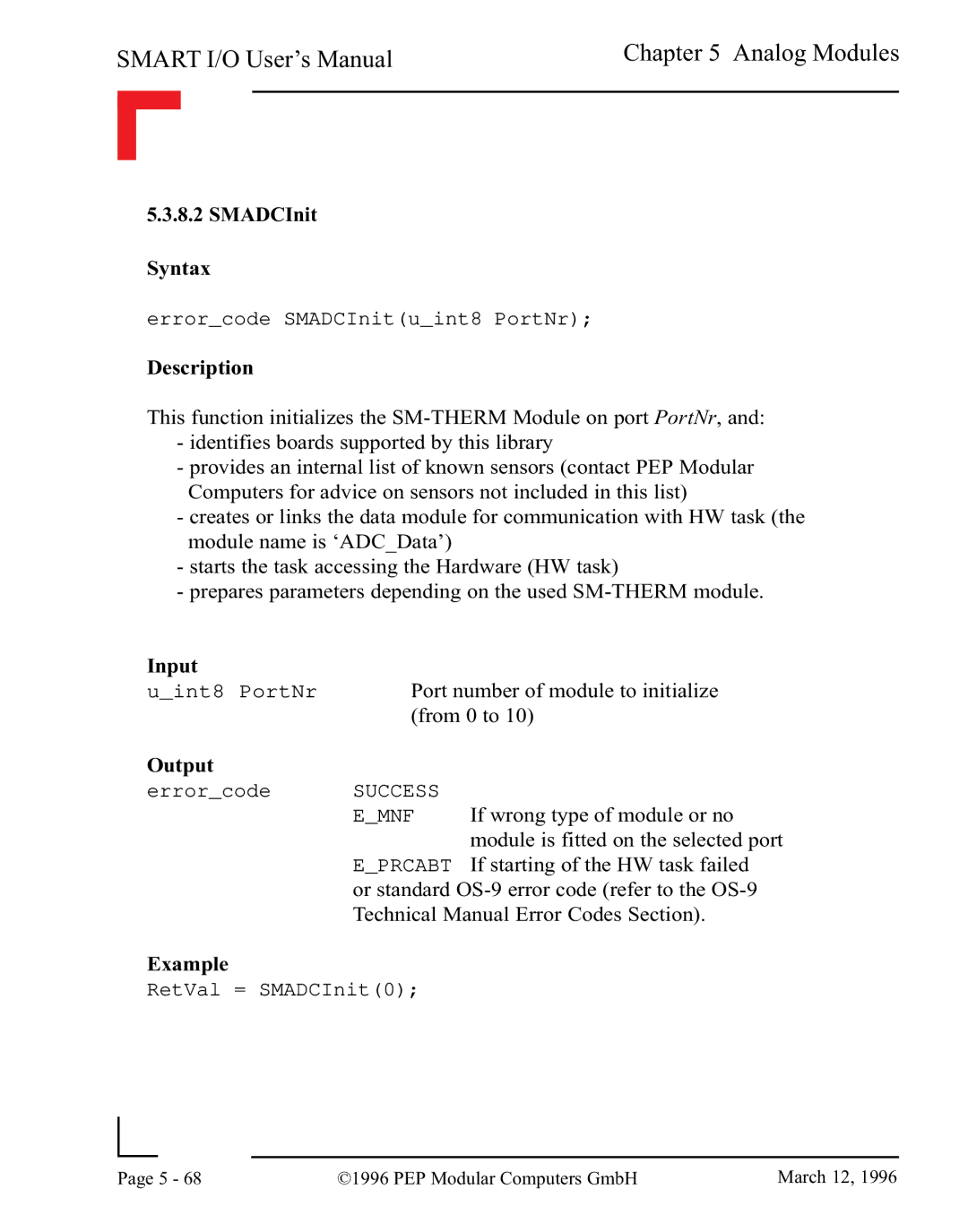 Pepper Computer RS485, RS232 user manual SMADCInit Syntax 