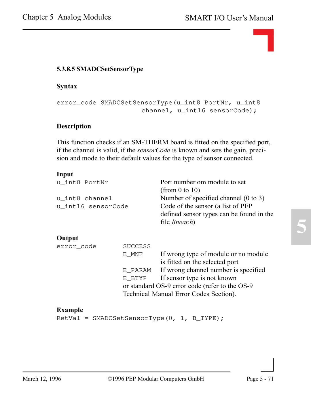 Pepper Computer RS232, RS485 user manual RetVal = SMADCSetSensorType0, 1, Btype 