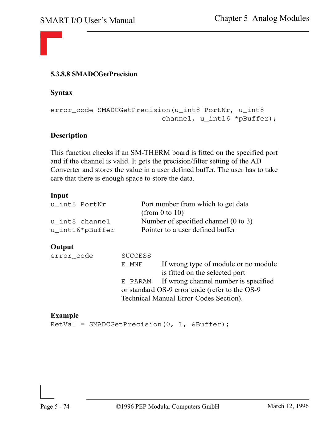 Pepper Computer RS485, RS232 user manual SMADCGetPrecision Syntax 