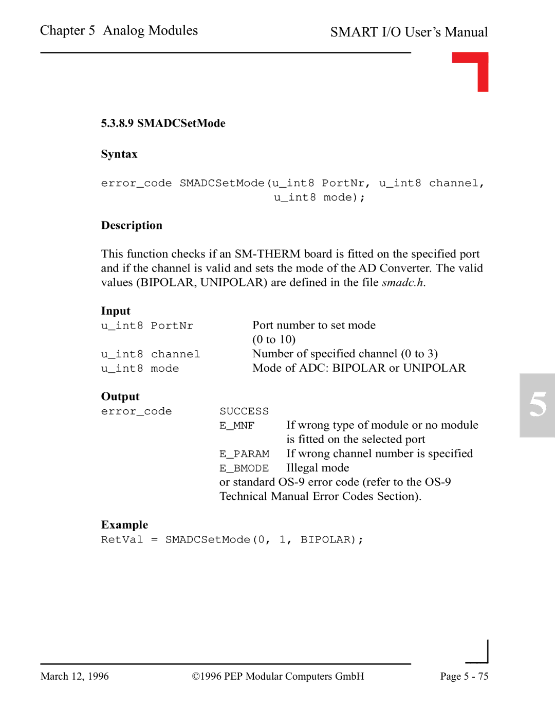 Pepper Computer RS232, RS485 user manual SMADCSetMode Syntax 