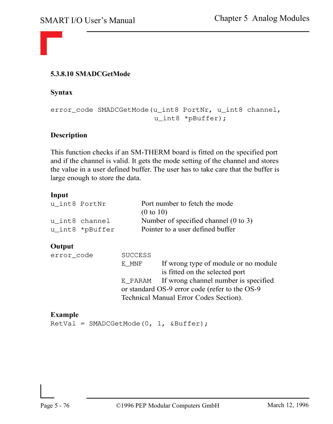 Pepper Computer RS485, RS232 user manual SMADCGetMode Syntax 