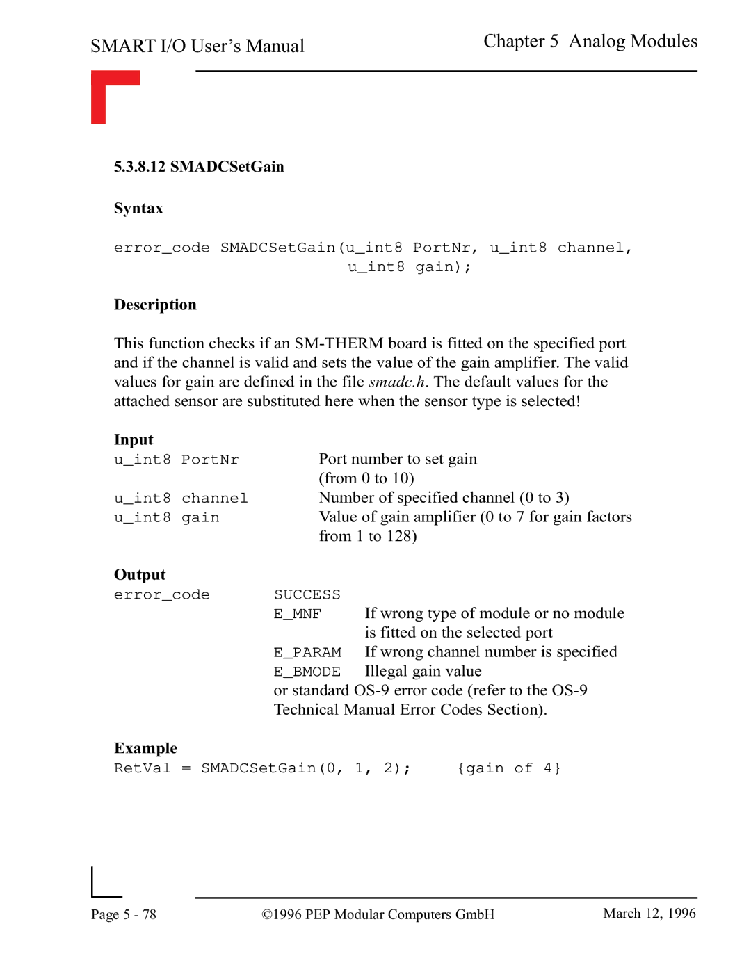 Pepper Computer RS485, RS232 user manual SMADCSetGain Syntax 