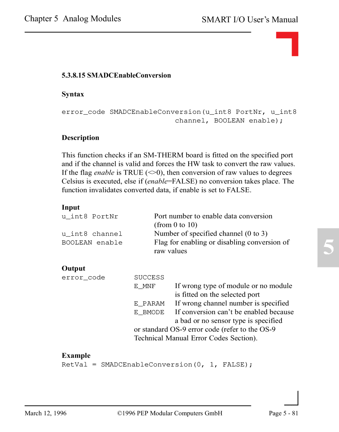 Pepper Computer RS232, RS485 user manual SMADCEnableConversion Syntax 