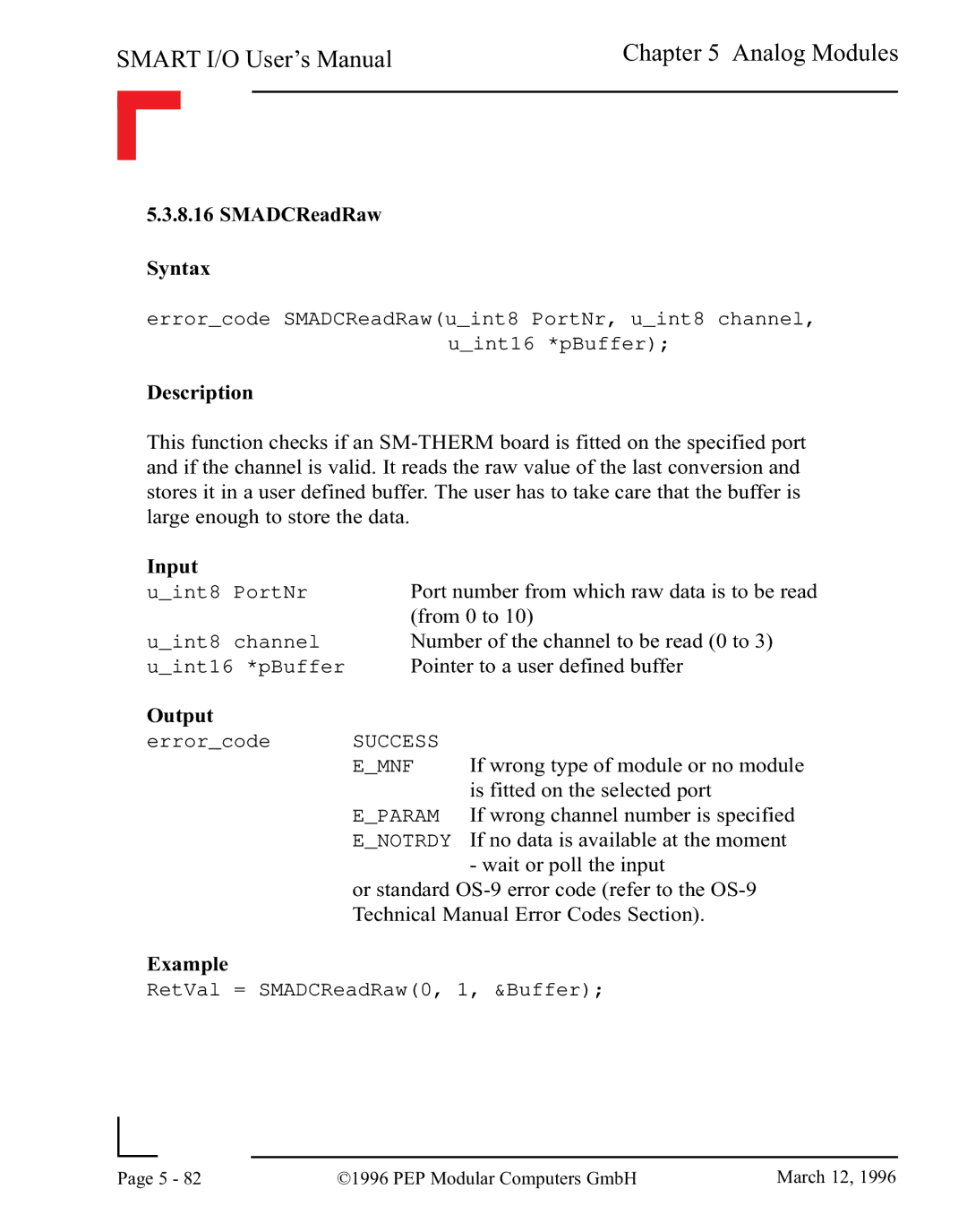 Pepper Computer RS485, RS232 user manual SMADCReadRaw Syntax 