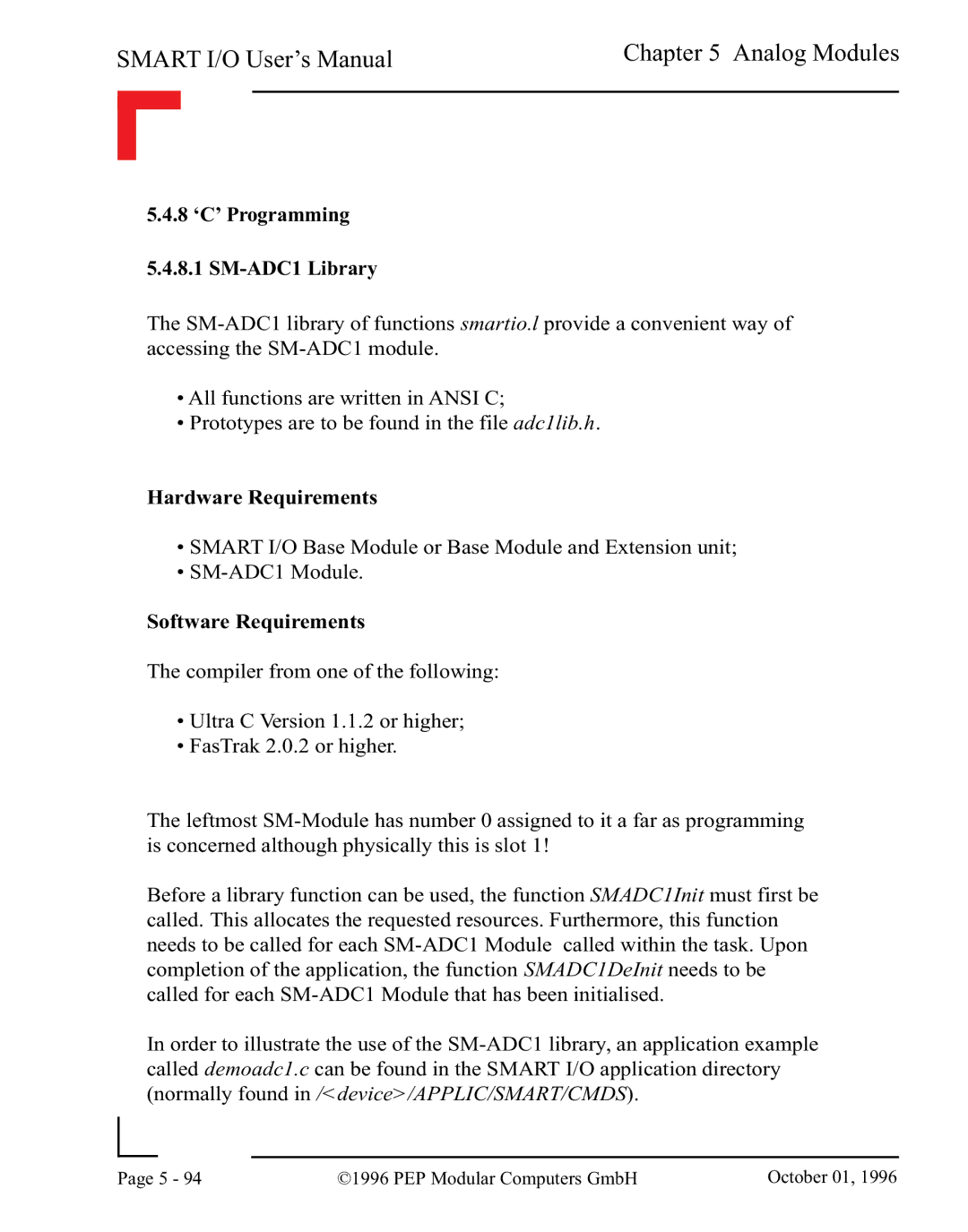 Pepper Computer RS485, RS232 user manual 8 ‘C’ Programming 5.4.8.1 SM-ADC1 Library, Hardware Requirements 