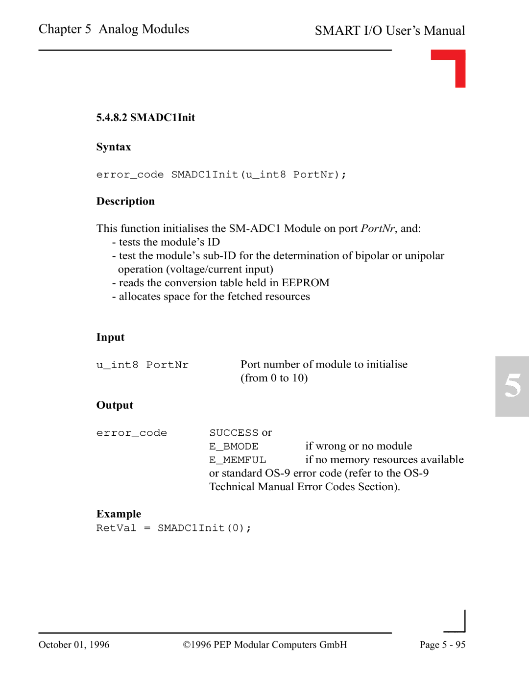 Pepper Computer RS232, RS485 user manual SMADC1Init Syntax, Input Port number of module to initialise, From 0 to 