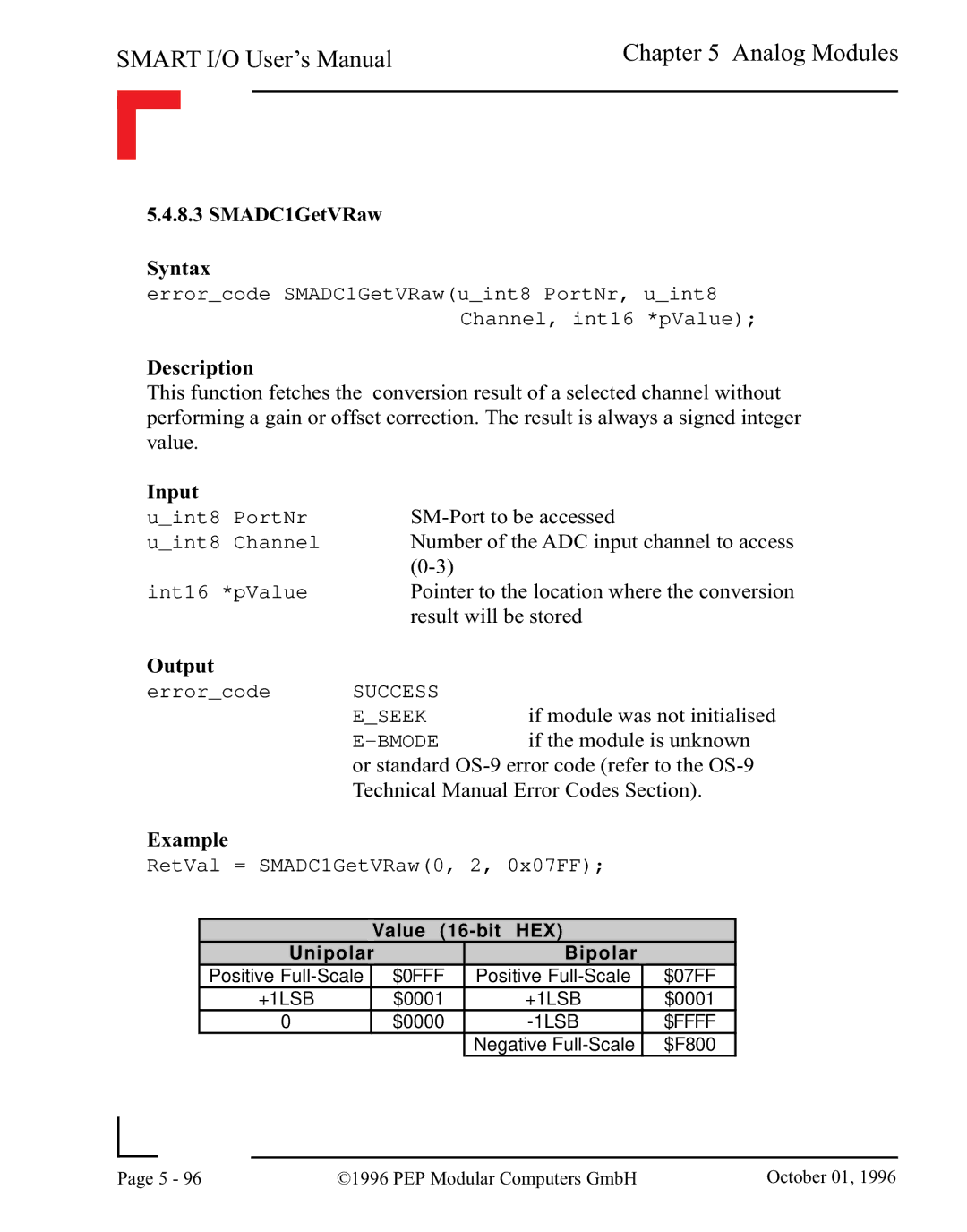 Pepper Computer RS485, RS232 user manual SMADC1GetVRaw Syntax, RetVal = SMADC1GetVRaw0, 2, 0x07FF 