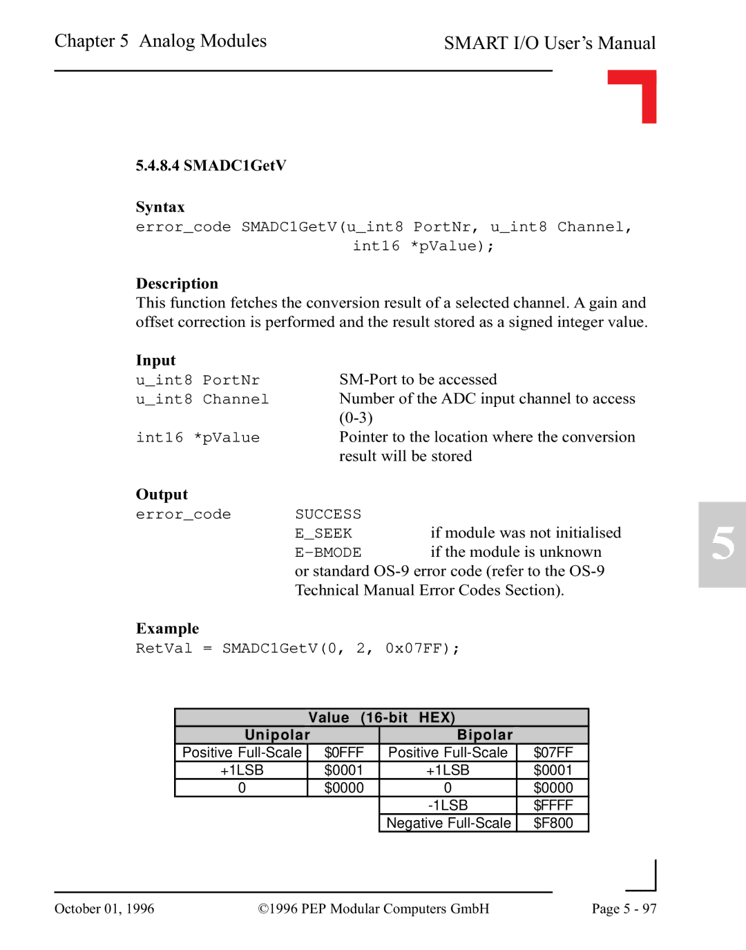 Pepper Computer RS232, RS485 user manual SMADC1GetV Syntax, RetVal = SMADC1GetV0, 2, 0x07FF 