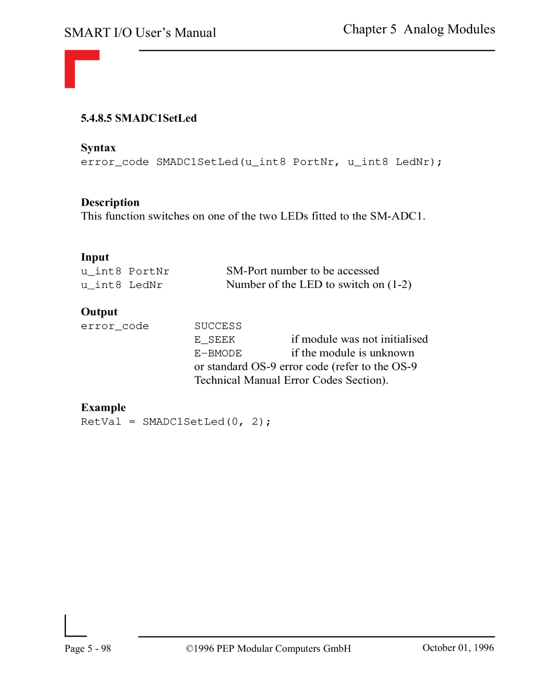 Pepper Computer RS485, RS232 user manual SMADC1SetLed Syntax 