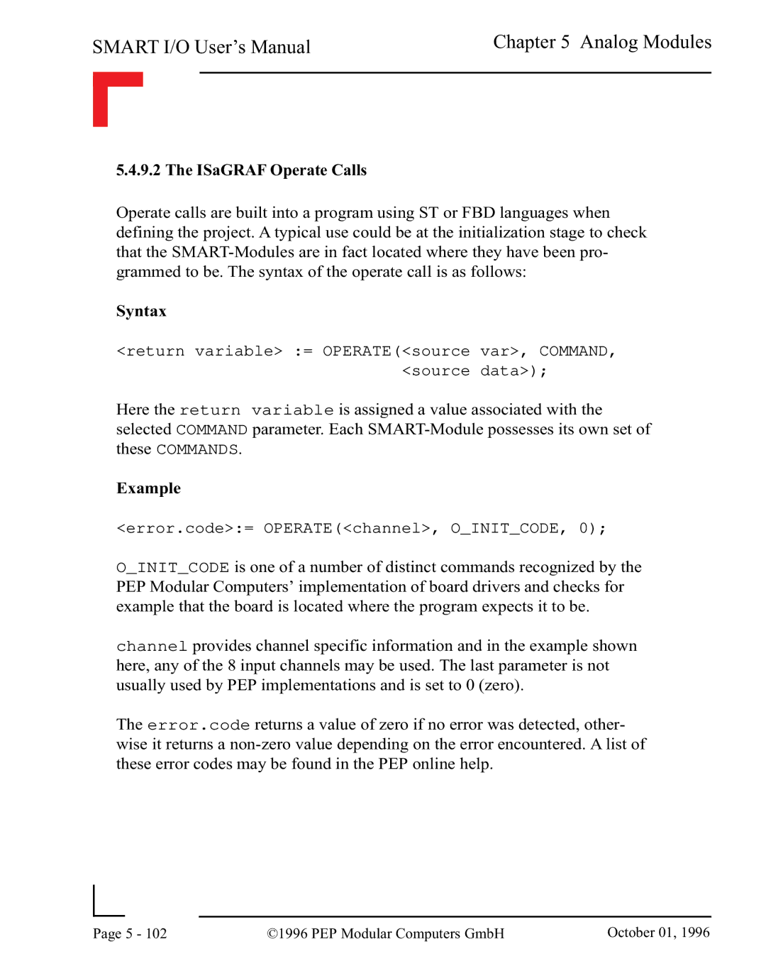 Pepper Computer RS485, RS232 user manual ISaGRAF Operate Calls 