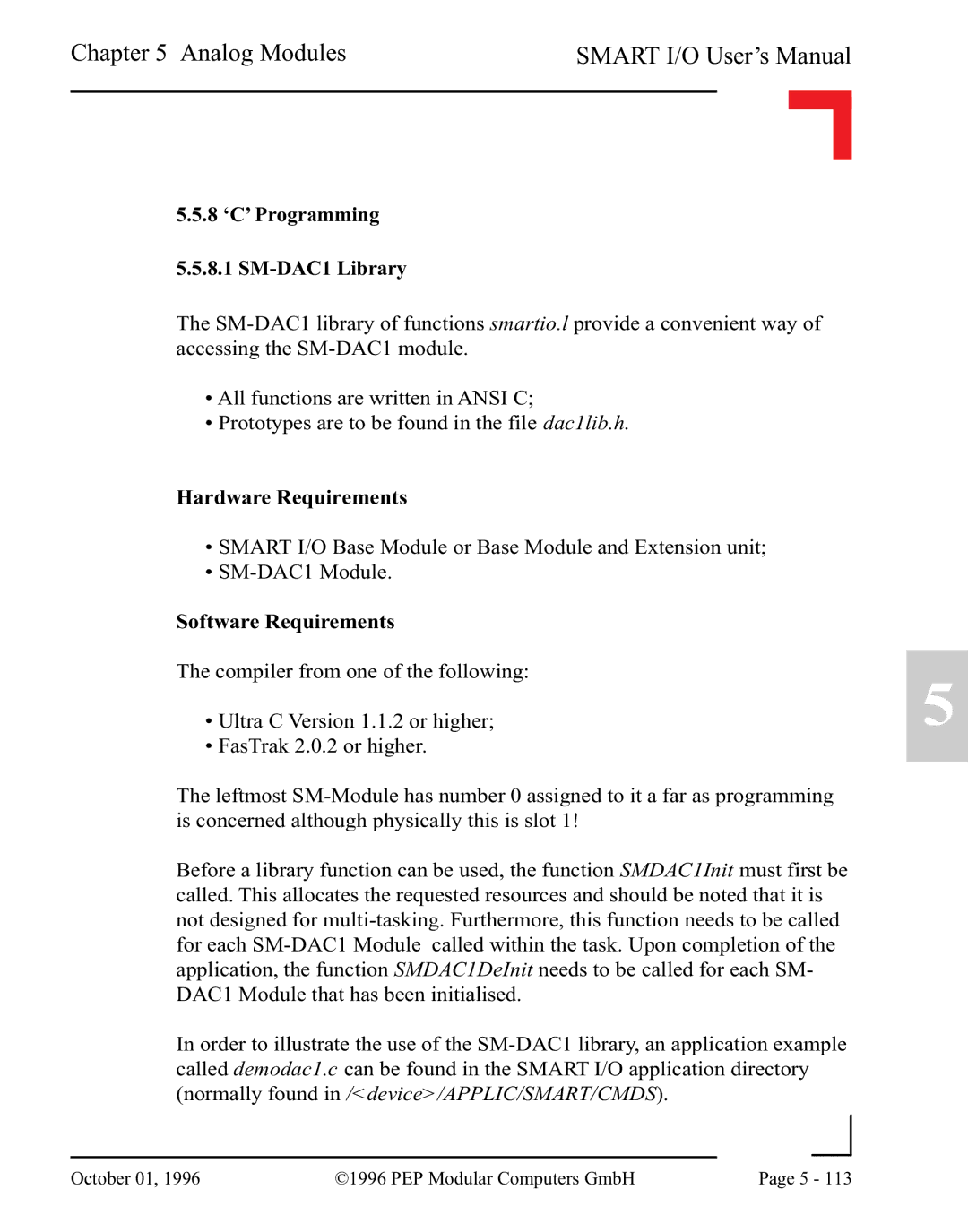 Pepper Computer RS232, RS485 user manual 8 ‘C’ Programming 5.5.8.1 SM-DAC1 Library, Hardware Requirements 