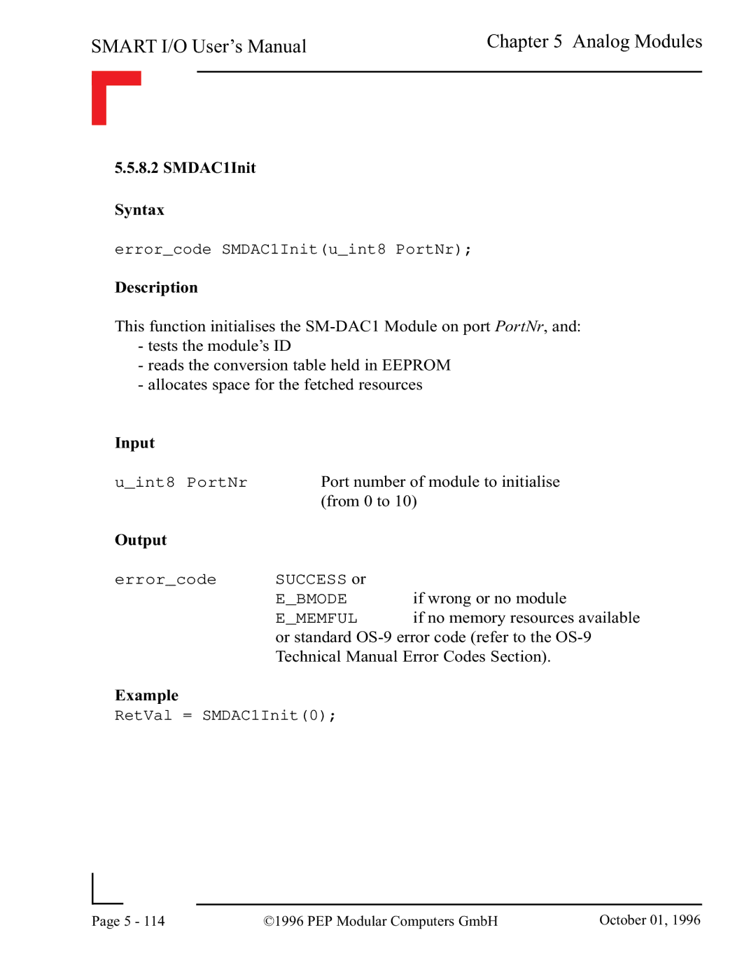 Pepper Computer RS485, RS232 user manual SMDAC1Init Syntax, Description 