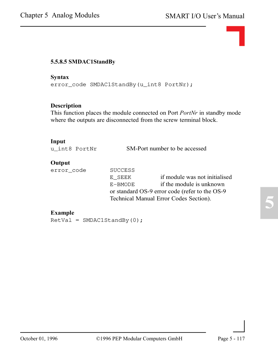 Pepper Computer RS232, RS485 user manual SMDAC1StandBy Syntax 