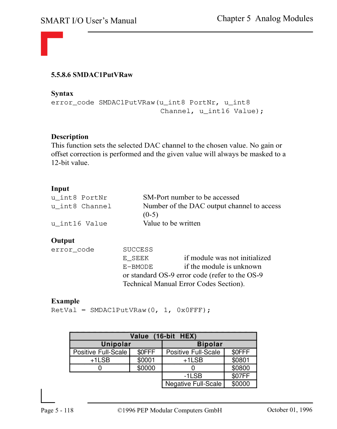 Pepper Computer RS485, RS232 user manual SMDAC1PutVRaw Syntax, RetVal = SMDAC1PutVRaw0, 1, 0x0FFF 