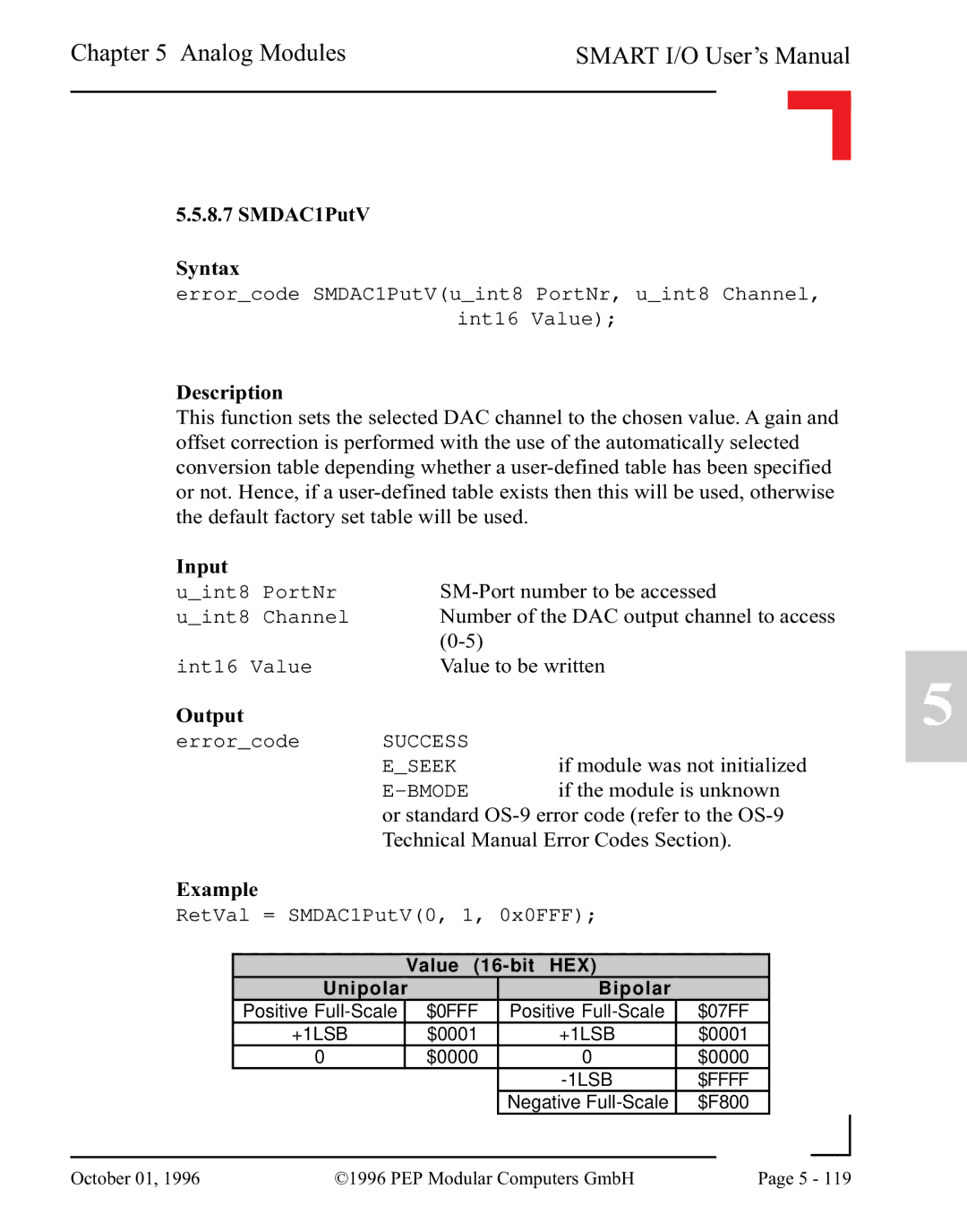 Pepper Computer RS232, RS485 user manual SMDAC1PutV Syntax, RetVal = SMDAC1PutV0, 1, 0x0FFF 