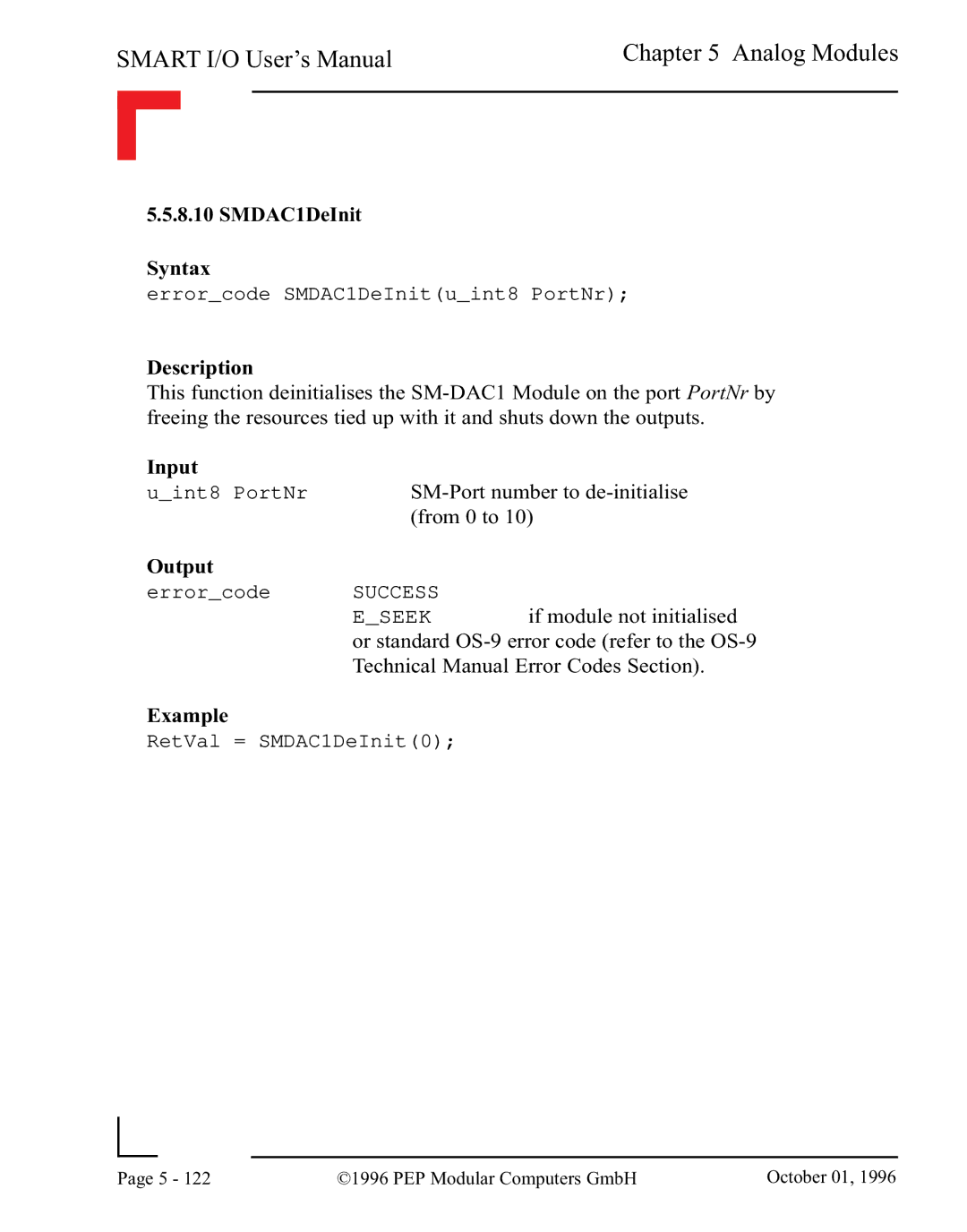 Pepper Computer RS485, RS232 user manual SMDAC1DeInit Syntax 