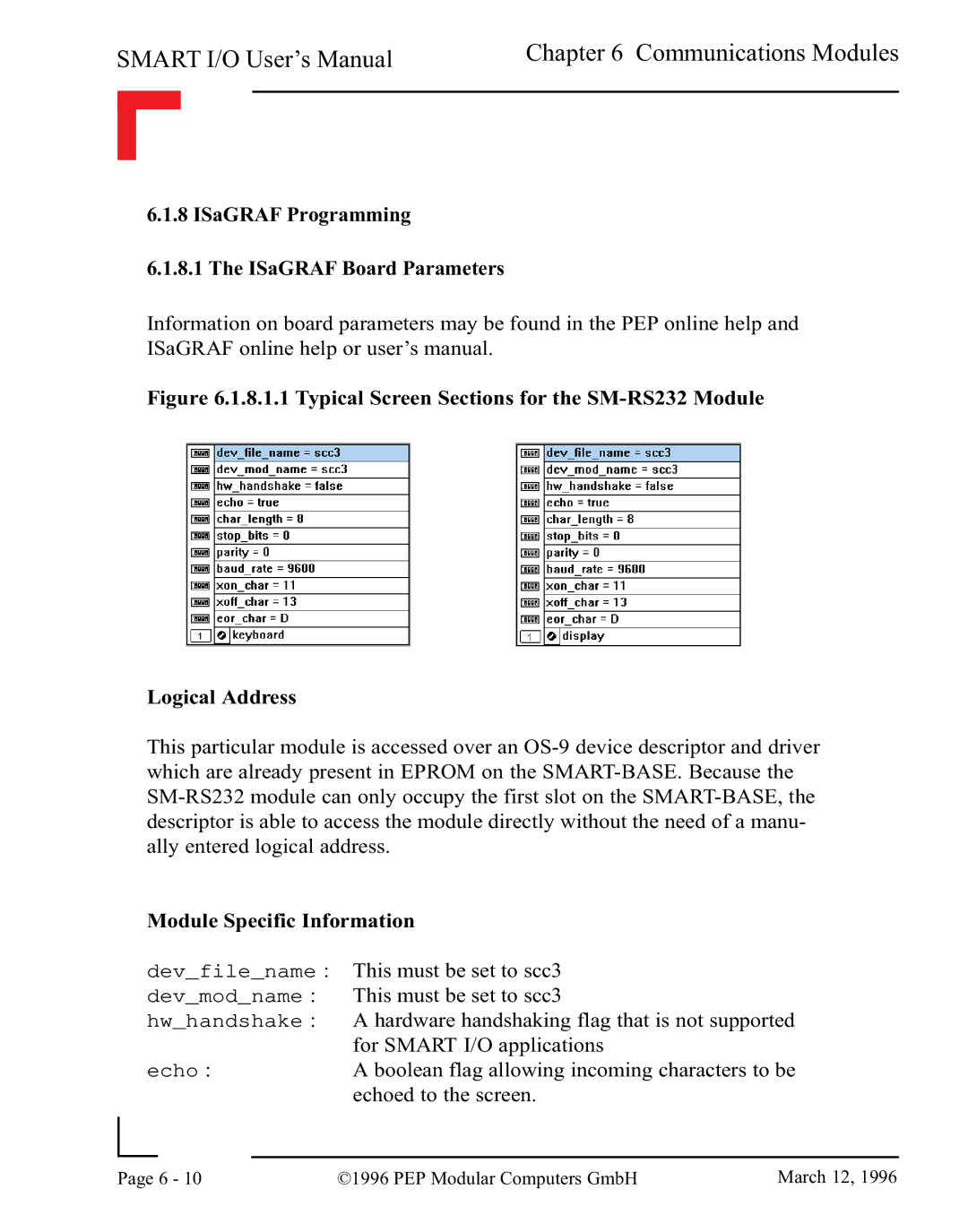 Pepper Computer RS485, RS232 user manual ISaGRAF Programming ISaGRAF Board Parameters 