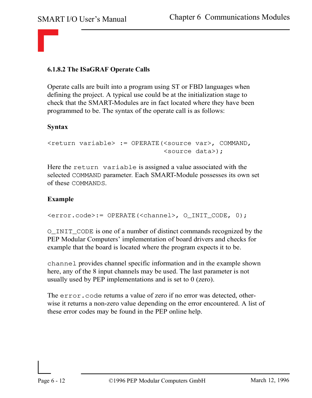 Pepper Computer RS485, RS232 user manual ISaGRAF Operate Calls 