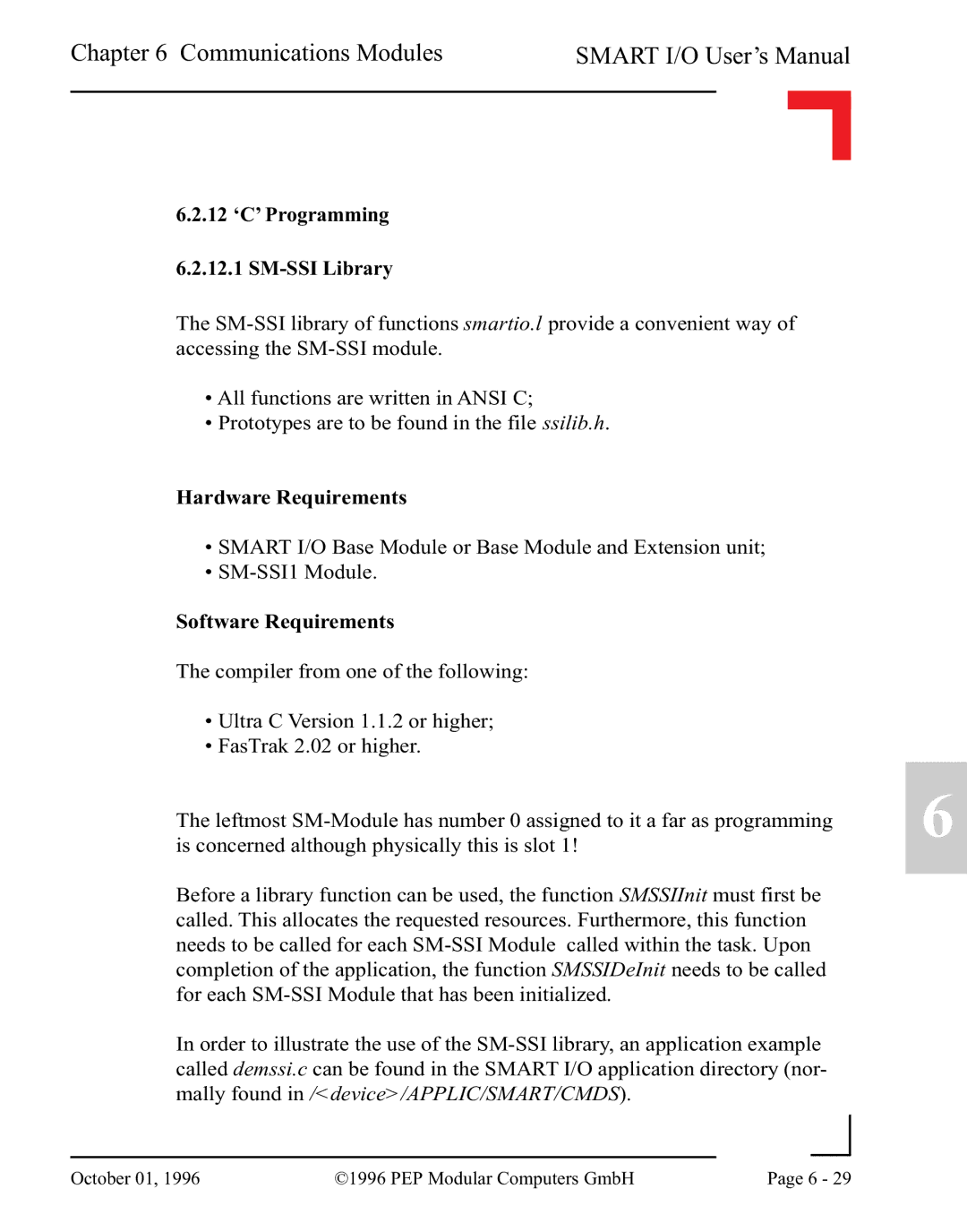 Pepper Computer RS232, RS485 user manual 12 ‘C’ Programming 6.2.12.1 SM-SSI Library, Hardware Requirements 