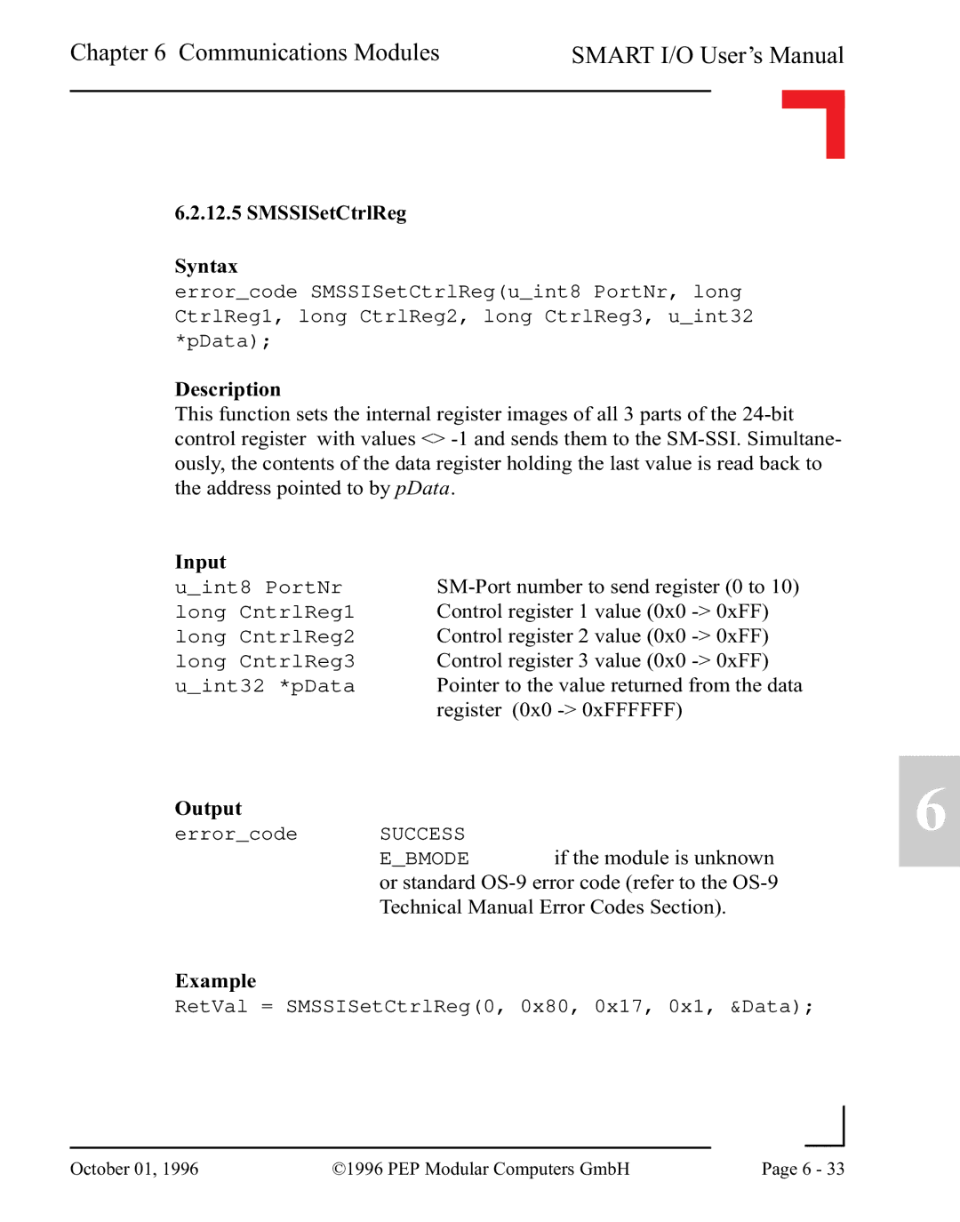 Pepper Computer RS232, RS485 user manual SMSSISetCtrlReg Syntax 