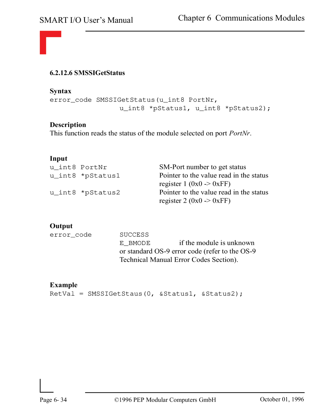 Pepper Computer RS485, RS232 user manual SMSSIGetStatus Syntax 