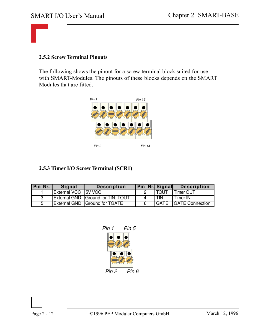 Pepper Computer RS485, RS232 user manual Screw Terminal Pinouts, Timer I/O Screw Terminal SCR1 