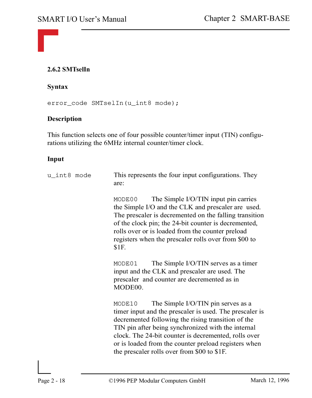 Pepper Computer RS485, RS232 user manual SMTselIn Syntax, Description, Input 