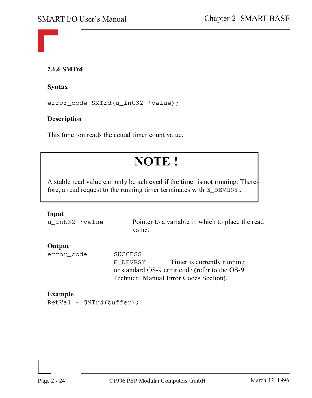 Pepper Computer RS485, RS232 user manual SMTrd Syntax, Input Pointer to a variable in which to place the read, Value 