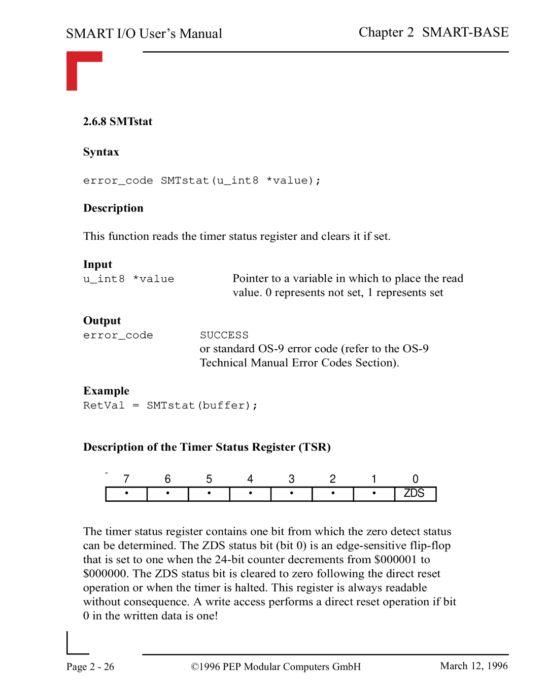 Pepper Computer RS485, RS232 user manual SMTstat Syntax, Description of the Timer Status Register TSR 