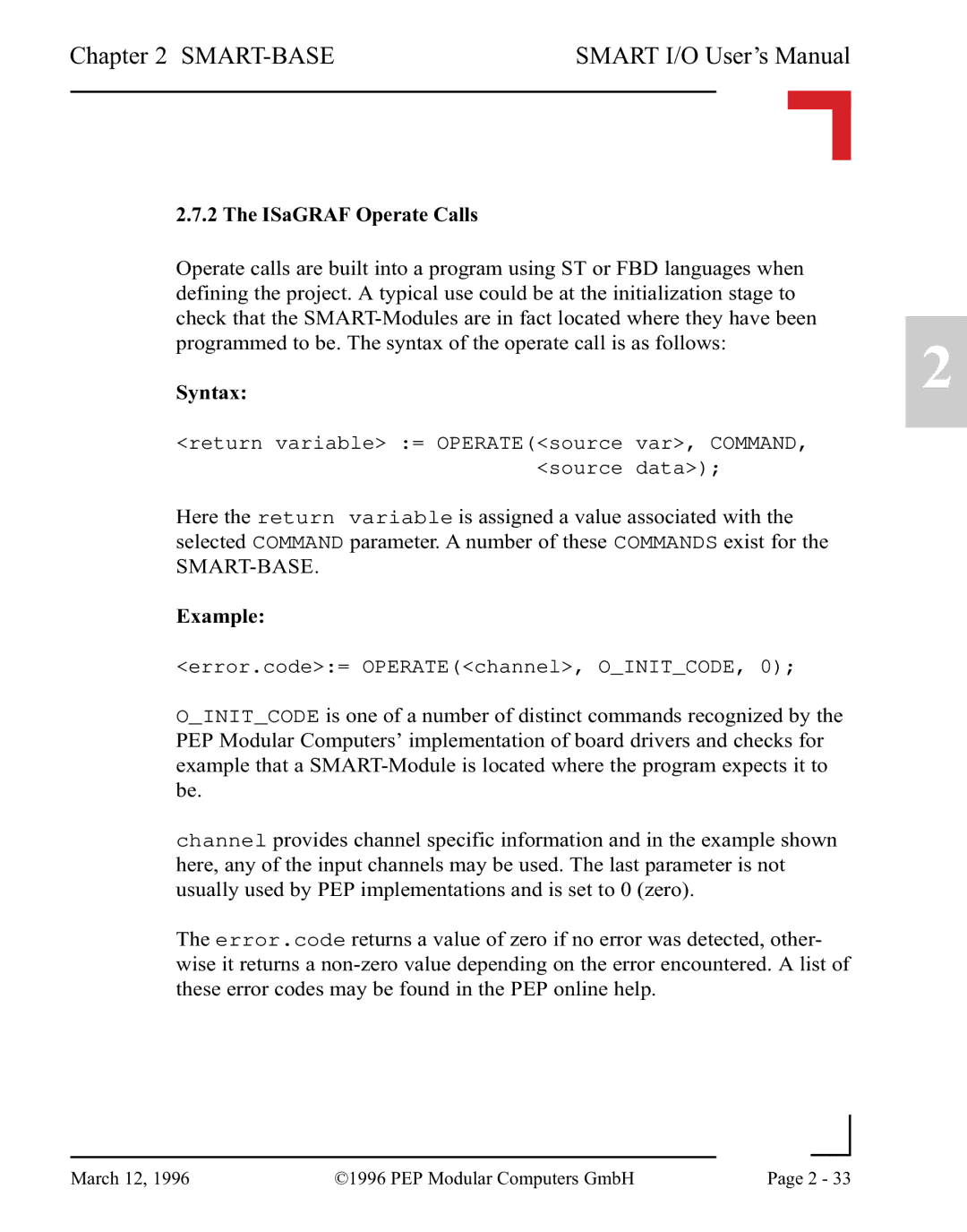 Pepper Computer RS232, RS485 user manual ISaGRAF Operate Calls, Syntax 