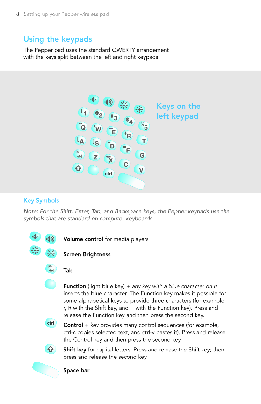 Pepper Computer Wireless Pad manual Using the keypads, Keys on the left keypad, Key Symbols 