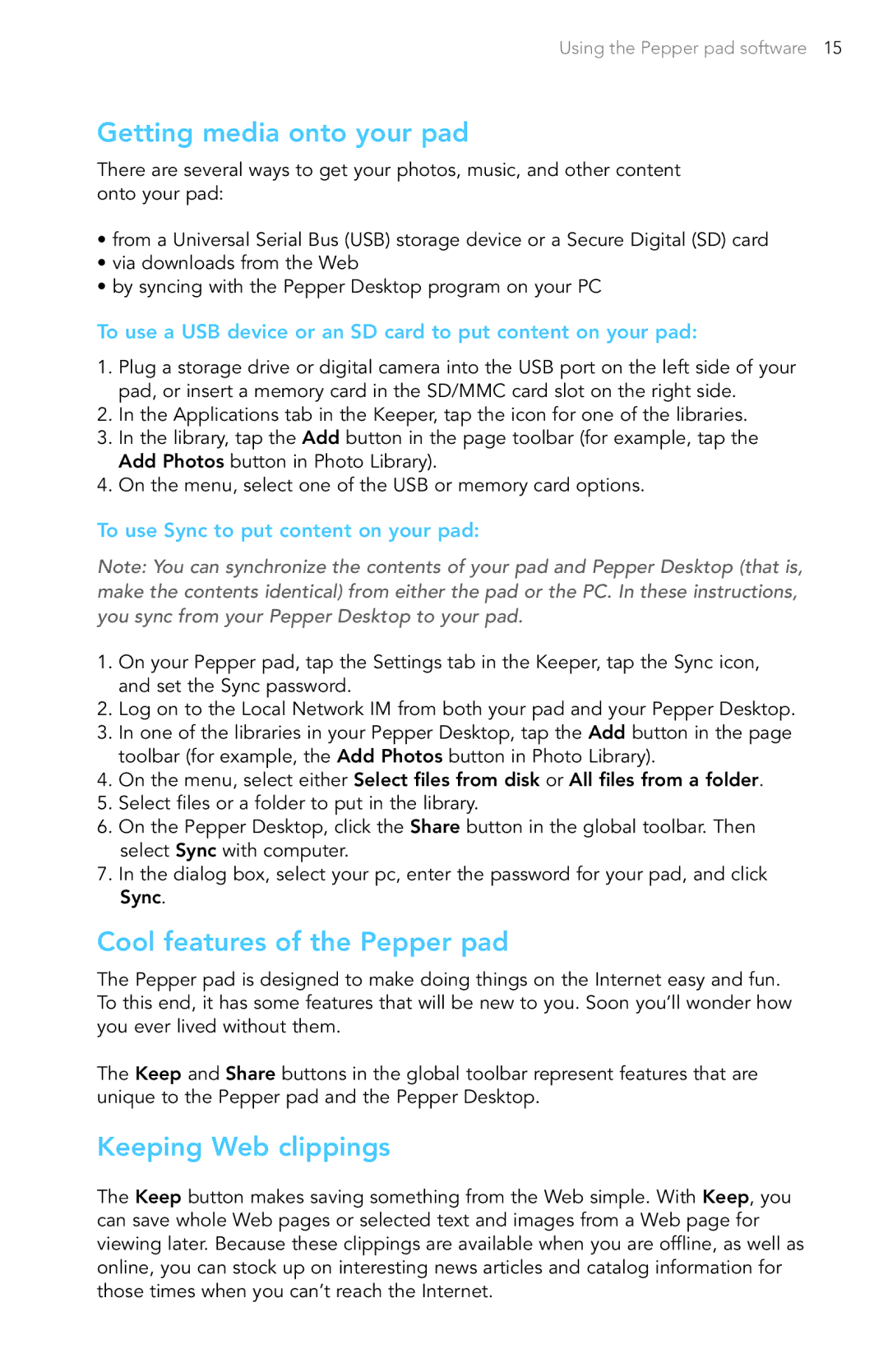 Pepper Computer Wireless Pad manual Getting media onto your pad, Cool features of the Pepper pad, Keeping Web clippings 