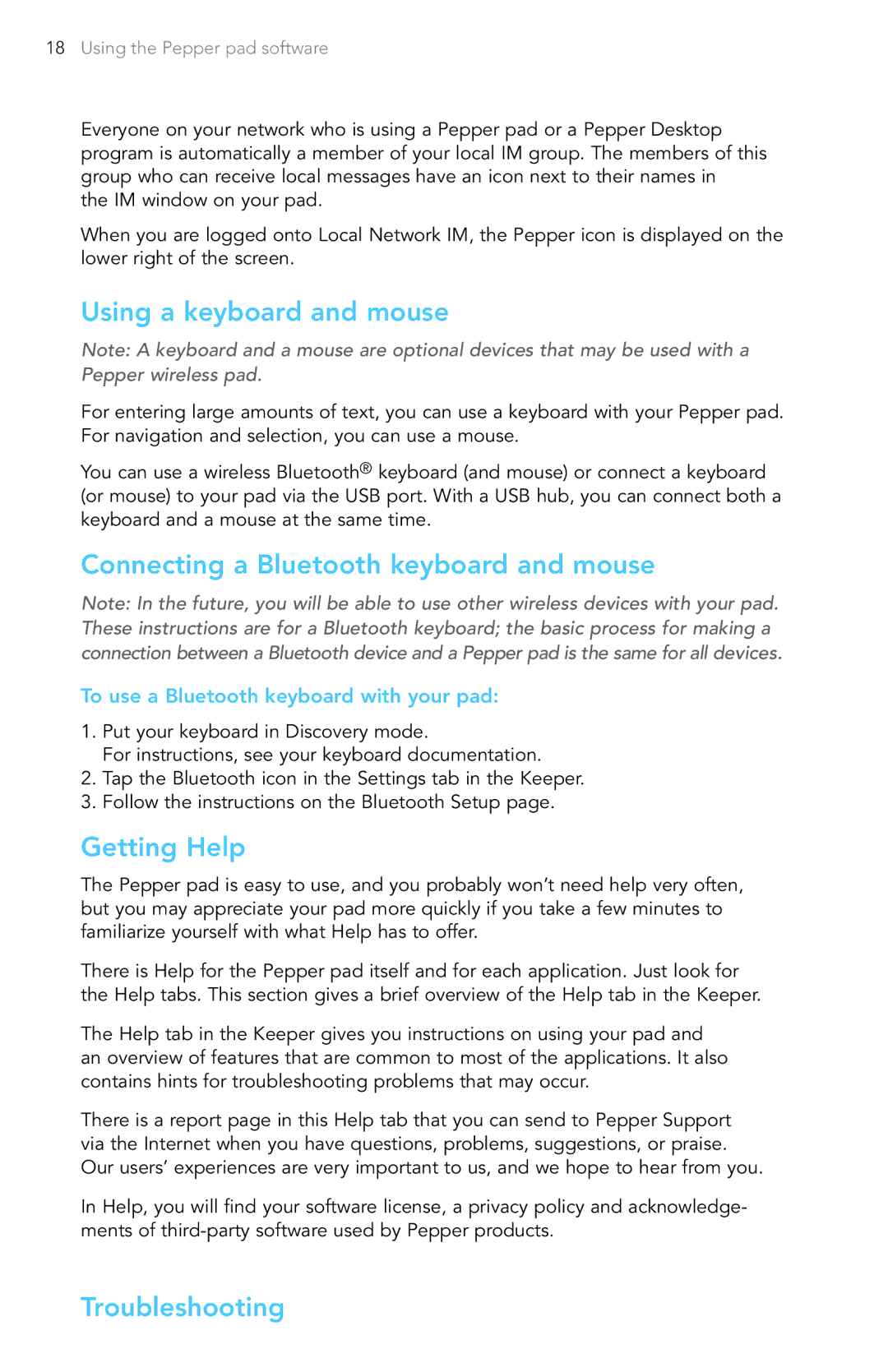Pepper Computer Wireless Pad manual Using a keyboard and mouse, Connecting a Bluetooth keyboard and mouse, Getting Help 