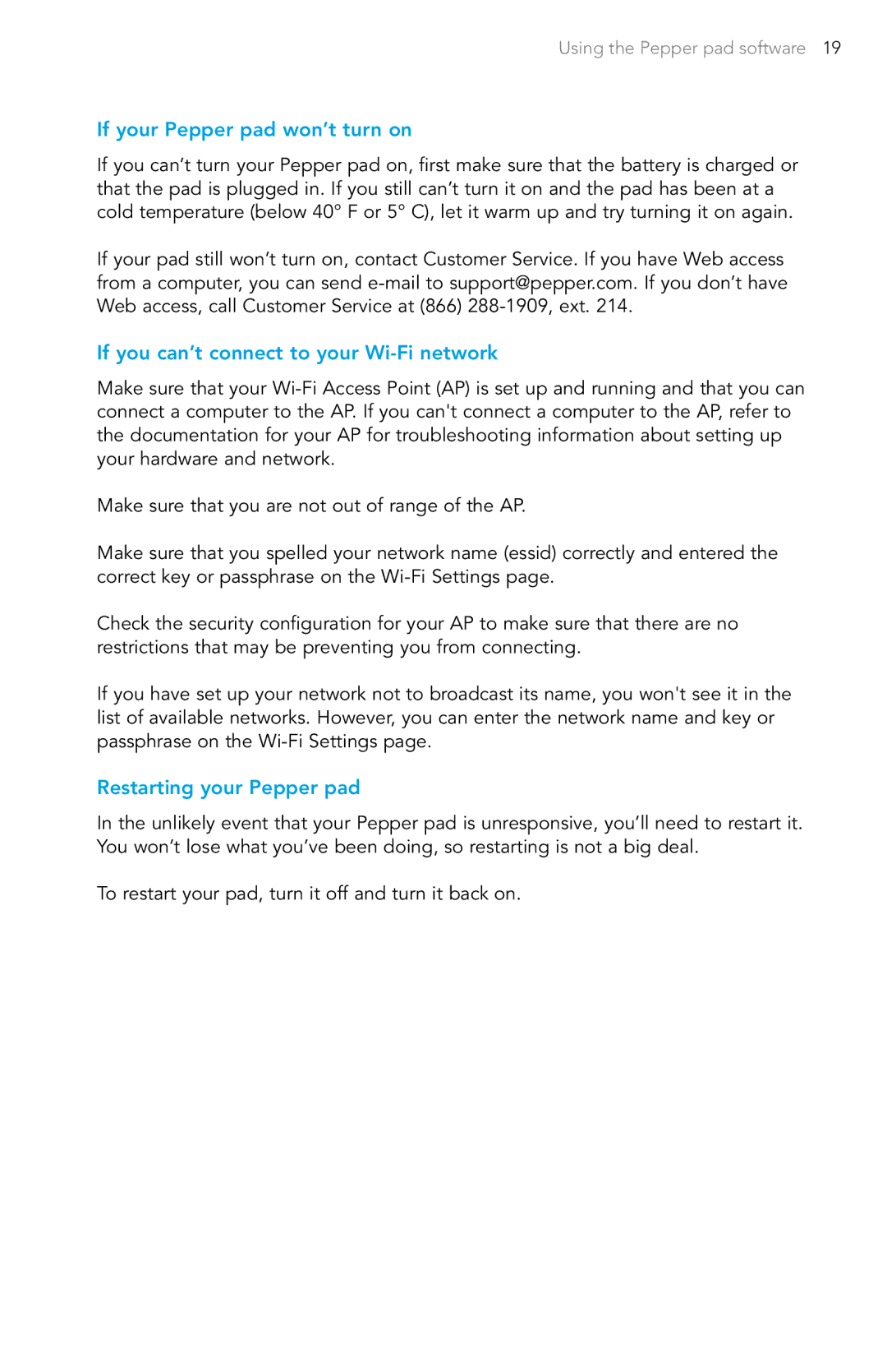 Pepper Computer Wireless Pad manual If your Pepper pad won’t turn on, If you can’t connect to your Wi-Fi network 