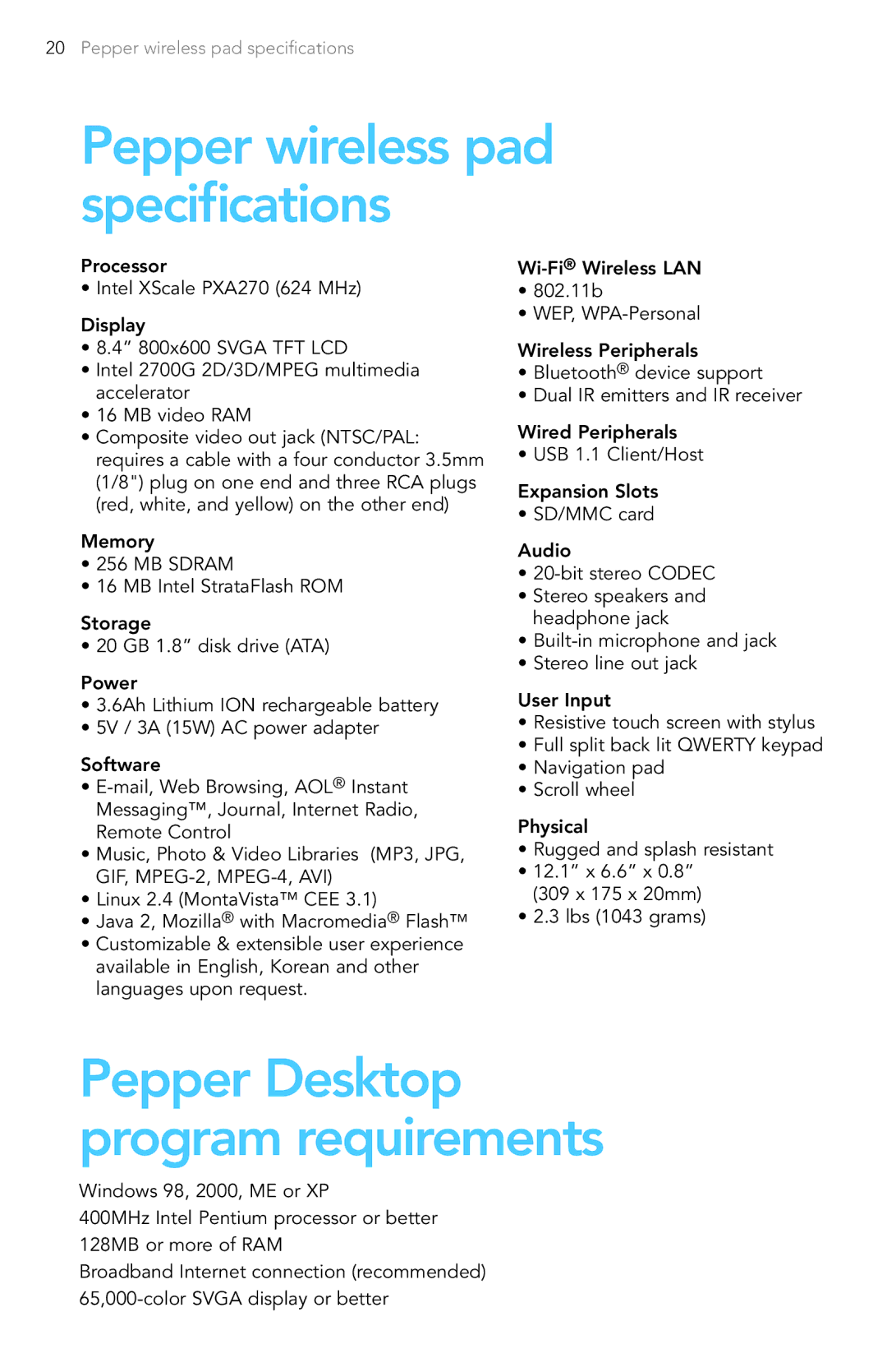 Pepper Computer Wireless Pad manual Pepper wireless pad speciﬁcations, Pepper Desktop program requirements 