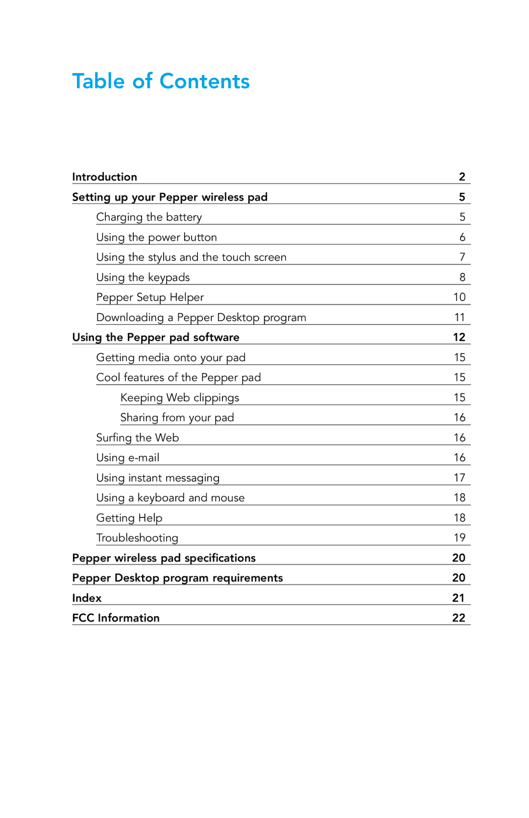 Pepper Computer Wireless Pad manual Table of Contents 