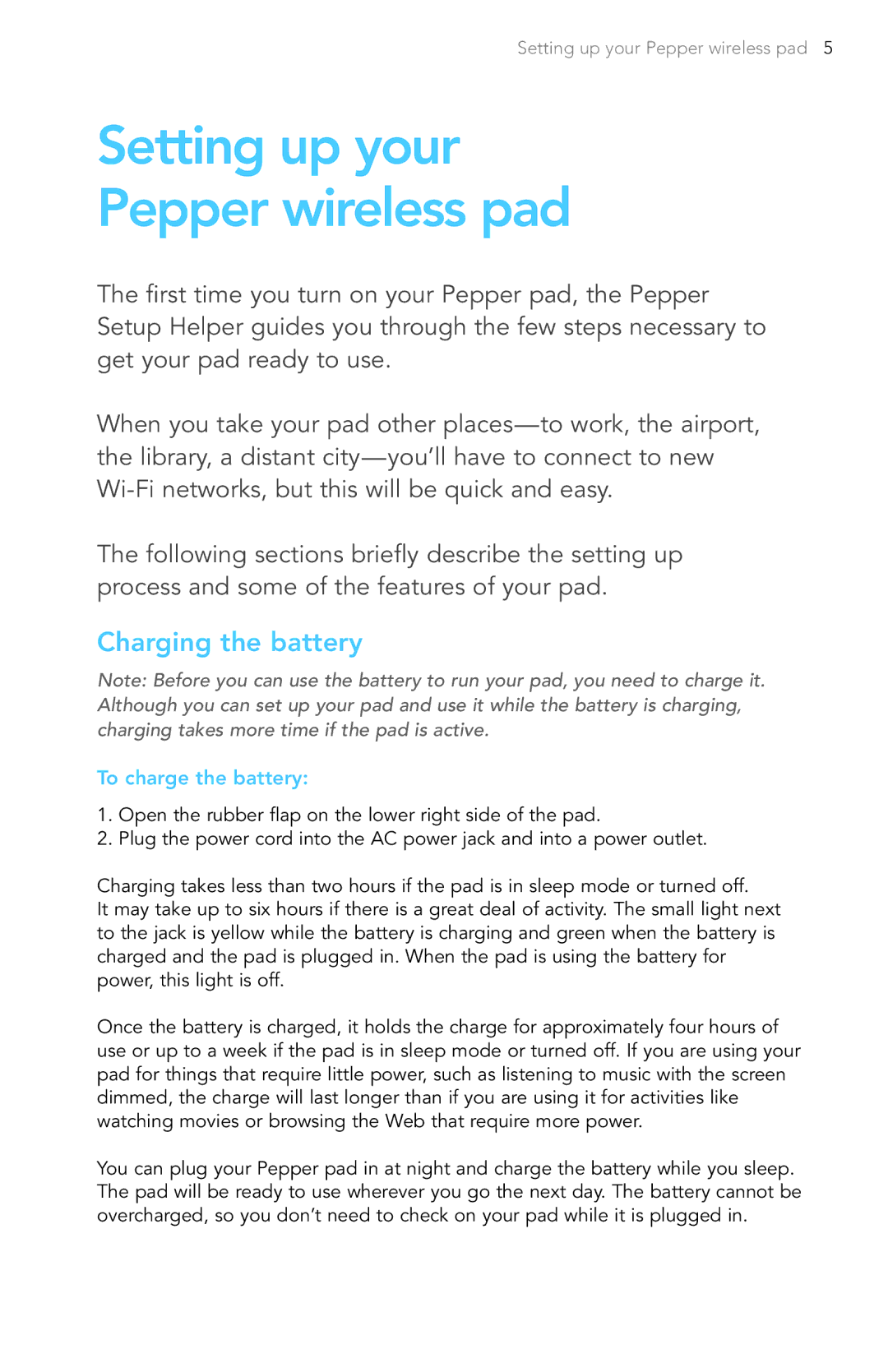 Pepper Computer Wireless Pad manual Setting up your Pepper wireless pad, Charging the battery, To charge the battery 