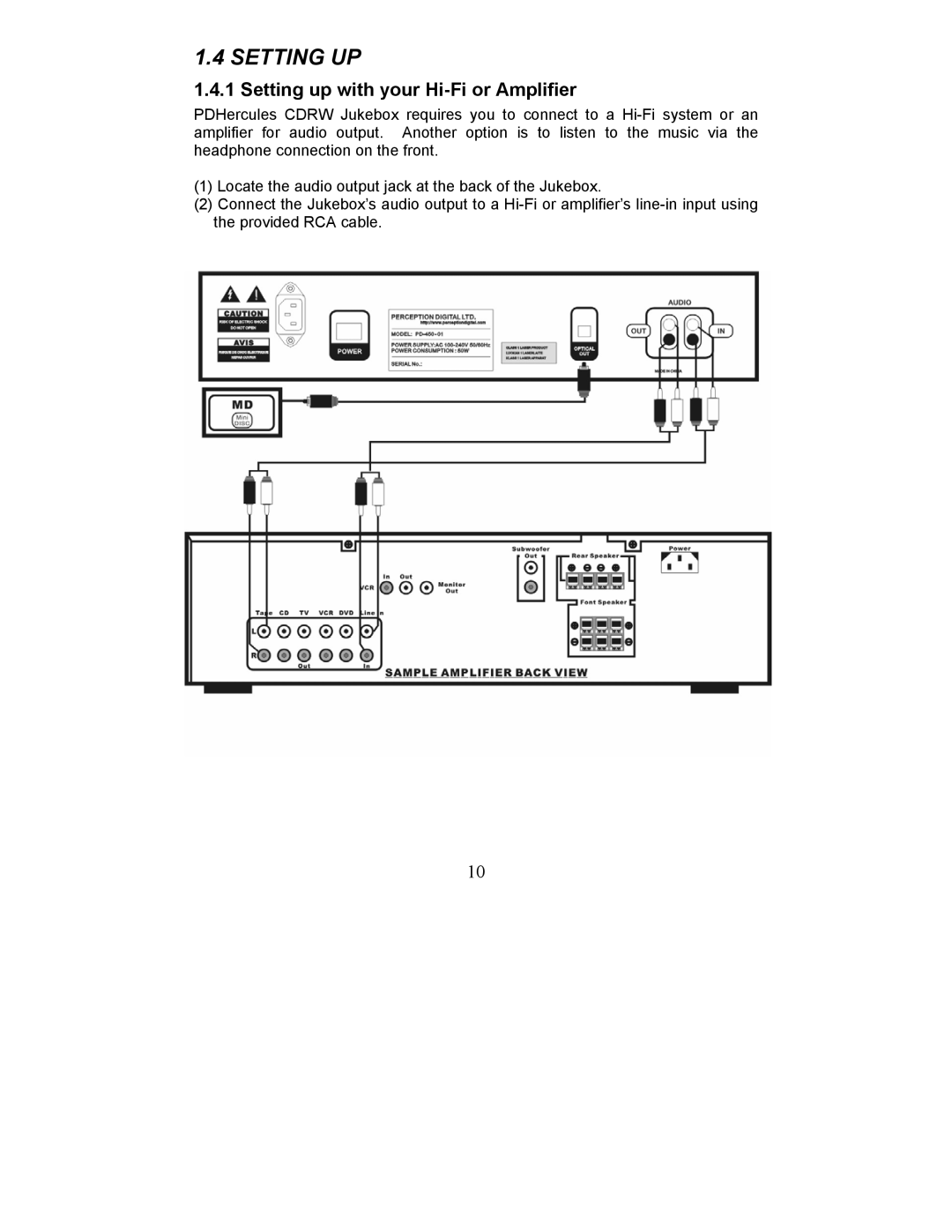 Perception Digital PD - 450 - 01 user manual Setting UP, Setting up with your Hi-Fi or Amplifier 