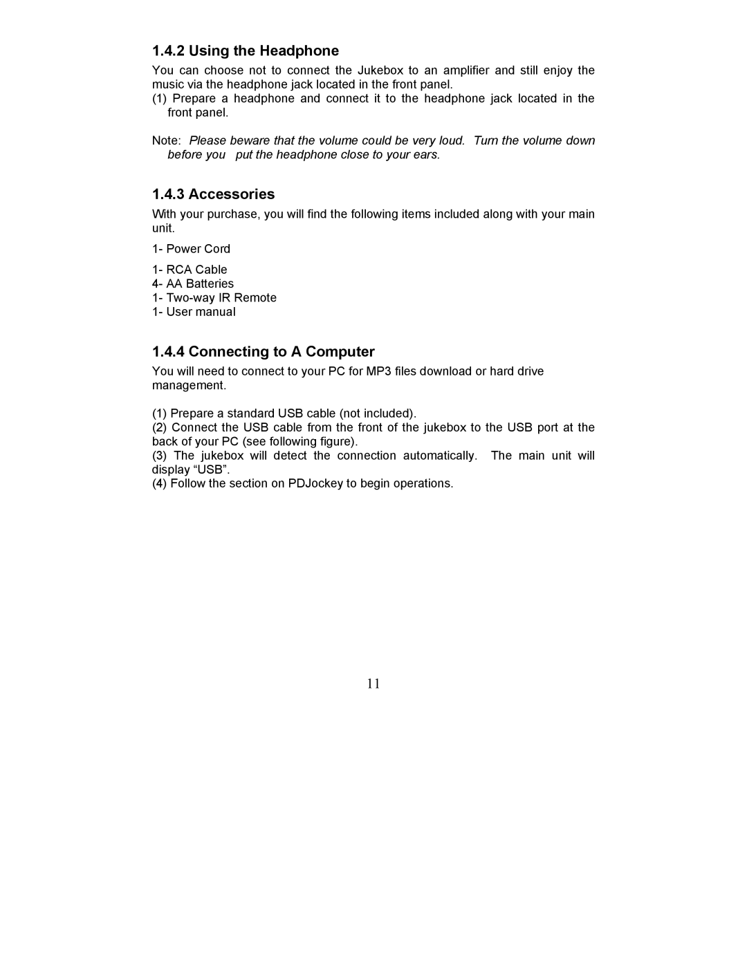 Perception Digital PD - 450 - 01 user manual Using the Headphone, Accessories, Connecting to a Computer 