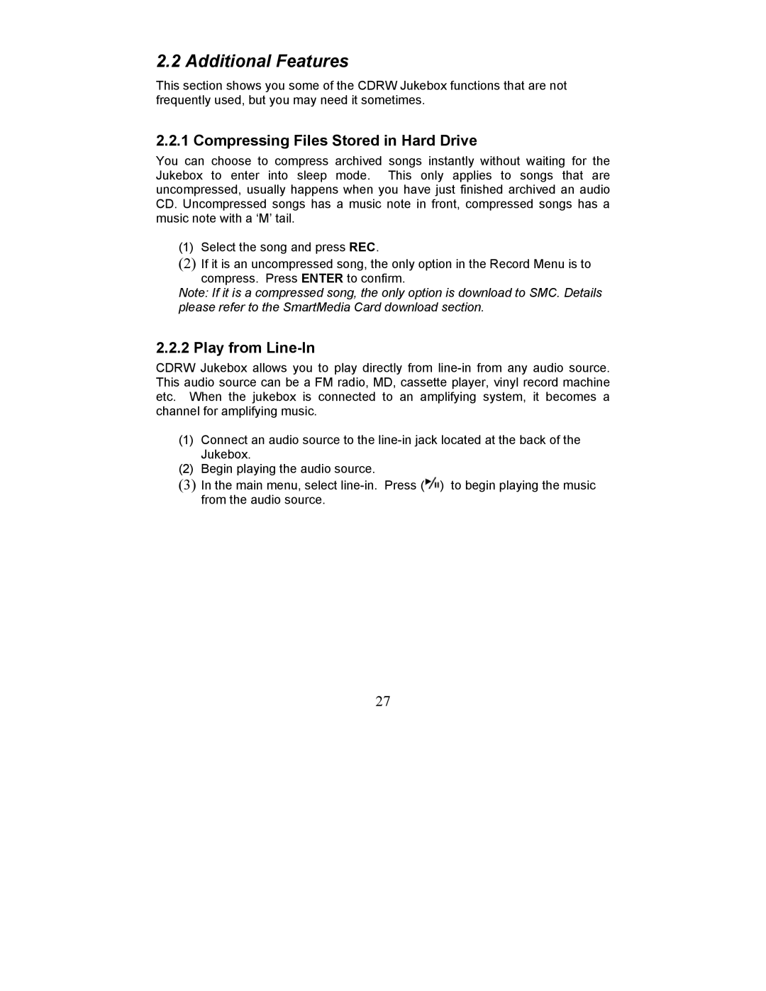 Perception Digital PD - 450 - 01 user manual Additional Features, Compressing Files Stored in Hard Drive, Play from Line-In 