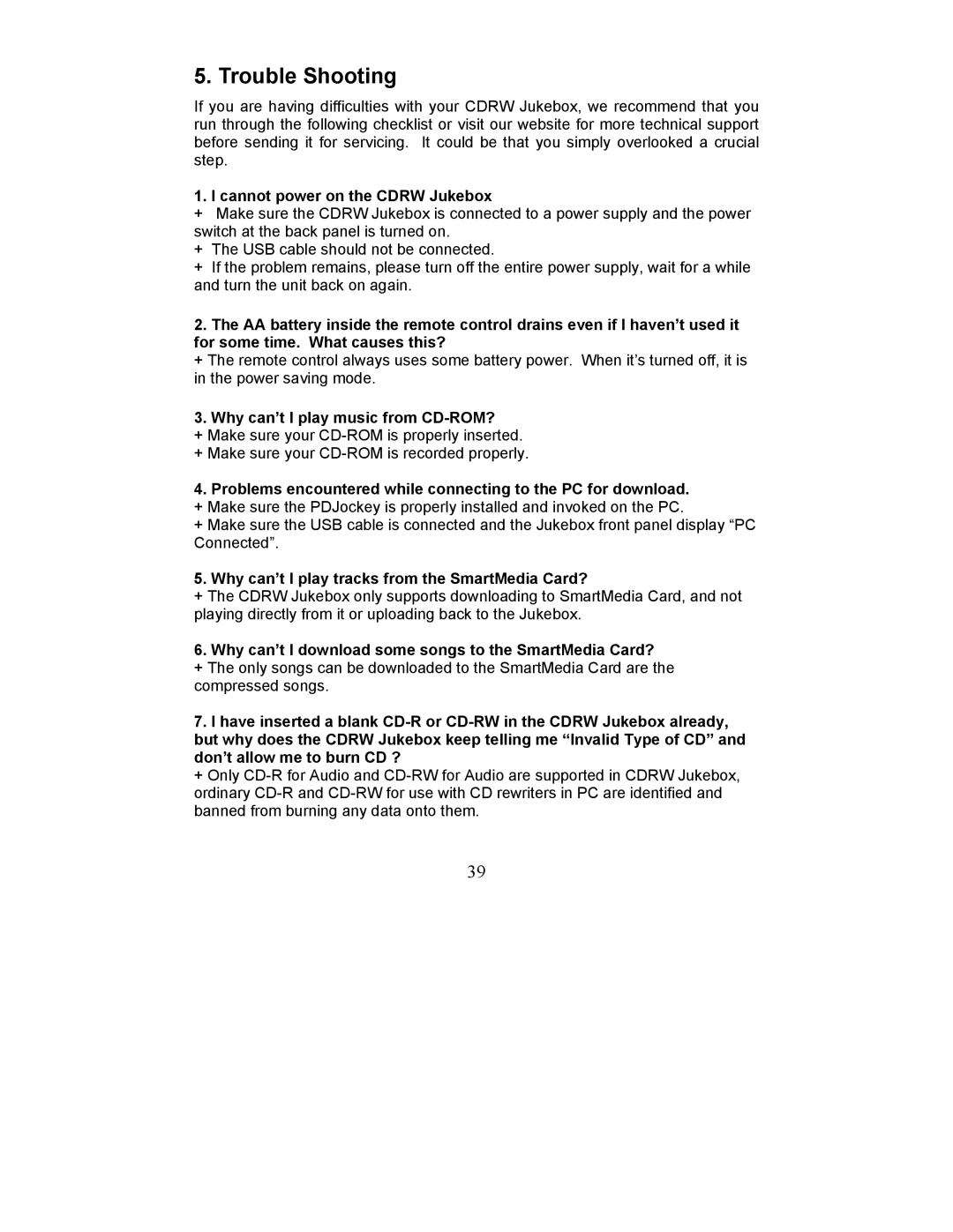 Perception Digital PD - 450 - 01 user manual Cannot power on the Cdrw Jukebox, Why can’t I play music from CD-ROM? 