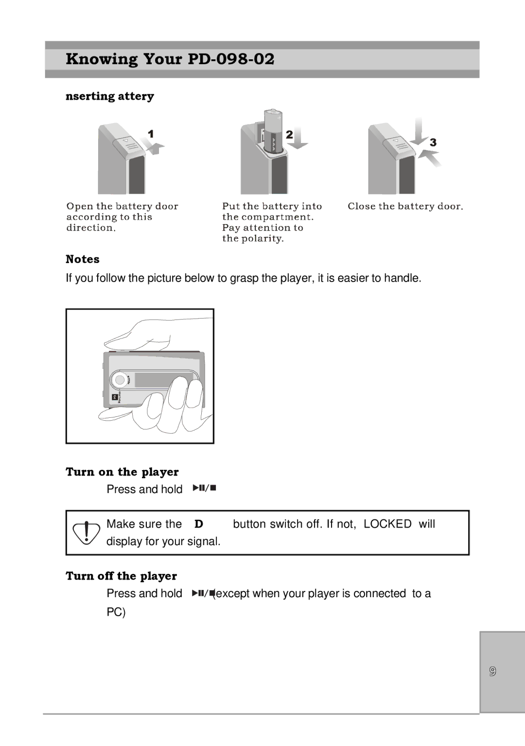 Perception Digital PD-090-02 user manual Inserting battery, Turn on the player, Turn off the player 