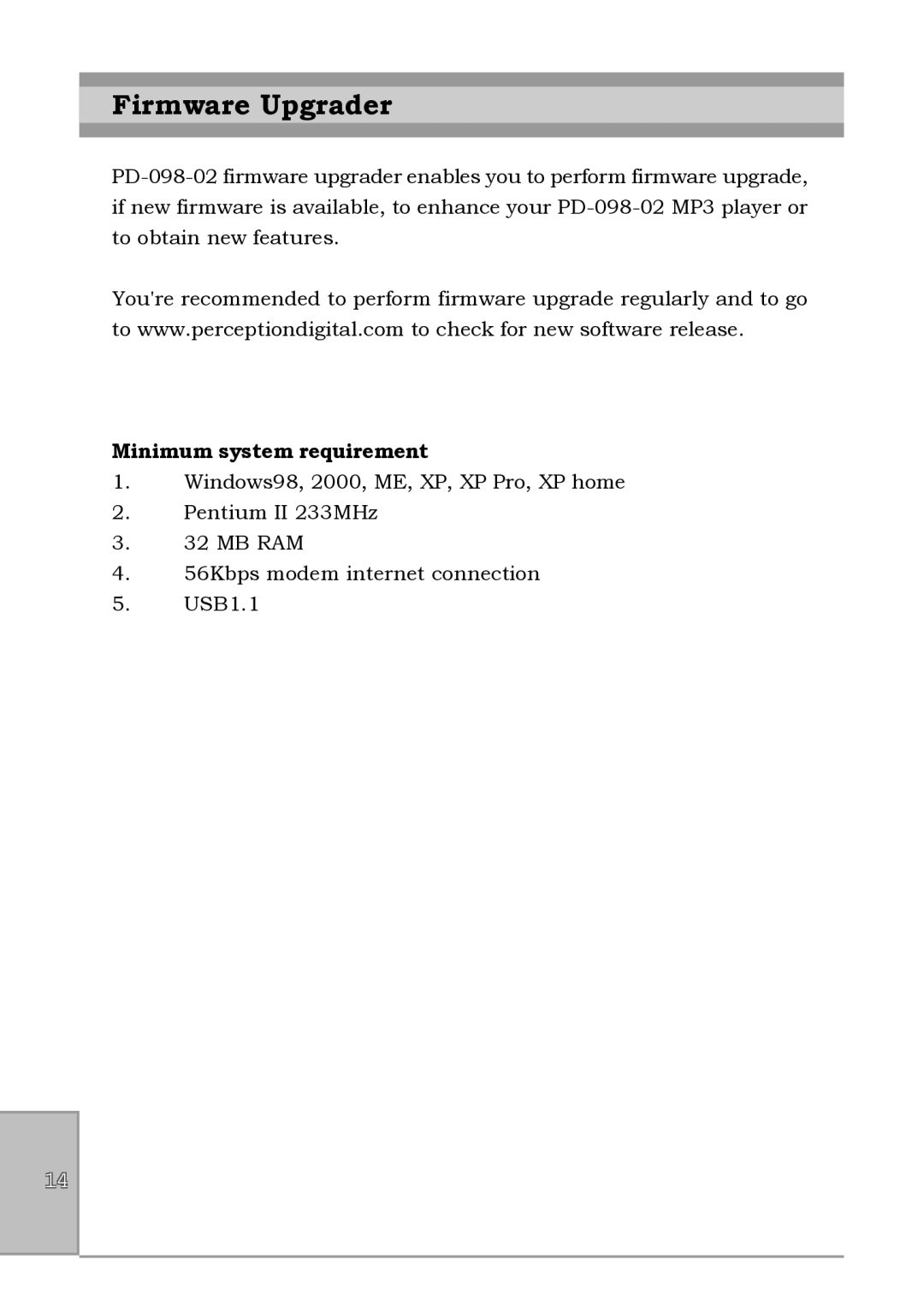 Perception Digital PD-090-02 user manual Firmware Upgrader, Minimum system requirement 