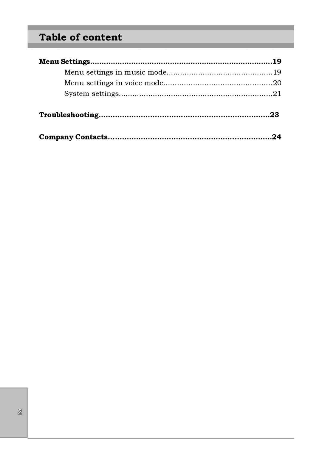 Perception Digital PD-090-02 user manual Table of content 