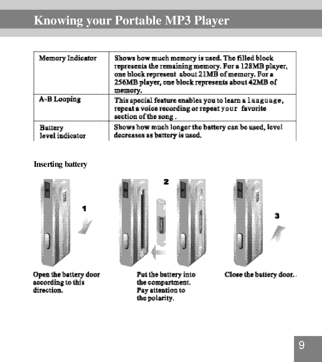 Perception Digital PD-099 manual Knowing your Portable MP3 Player, Inserting battery 