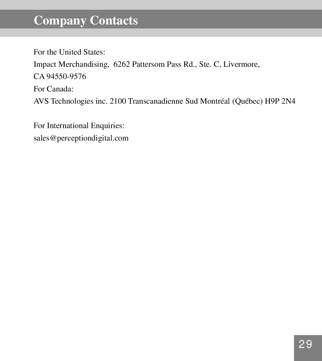 Perception Digital PD-099 manual Company Contacts, For the United States, For Canada, For International Enquiries 