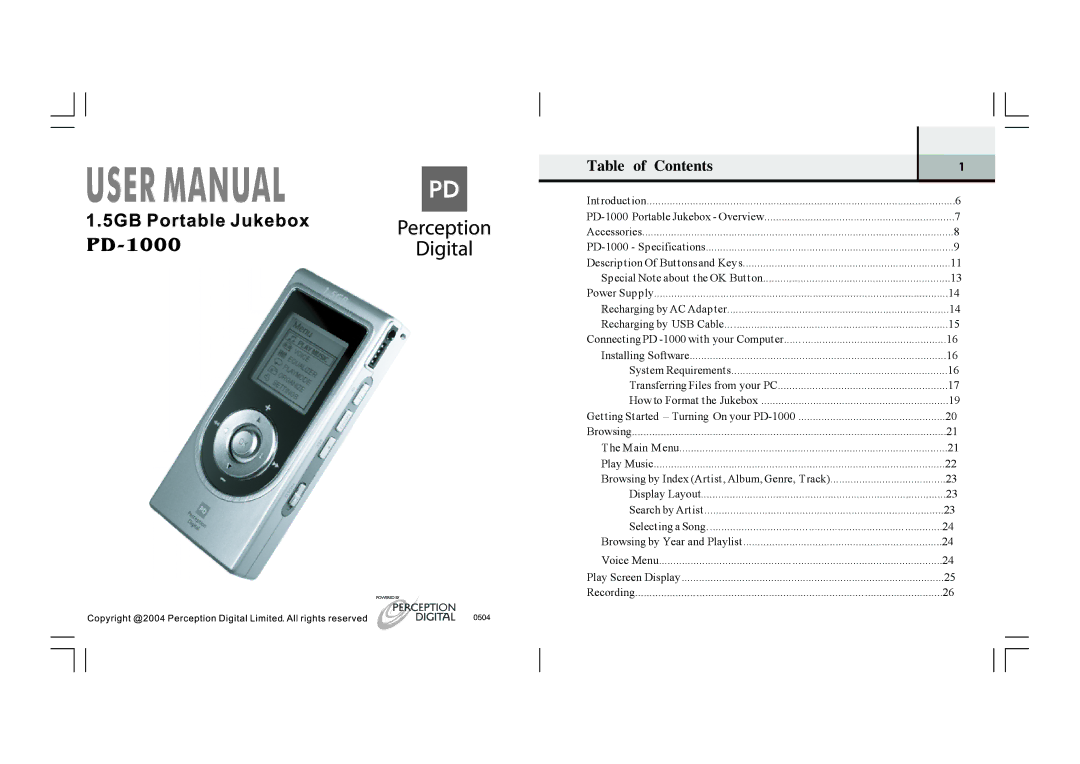 Perception Digital PD-1000 specifications Table of Contents 